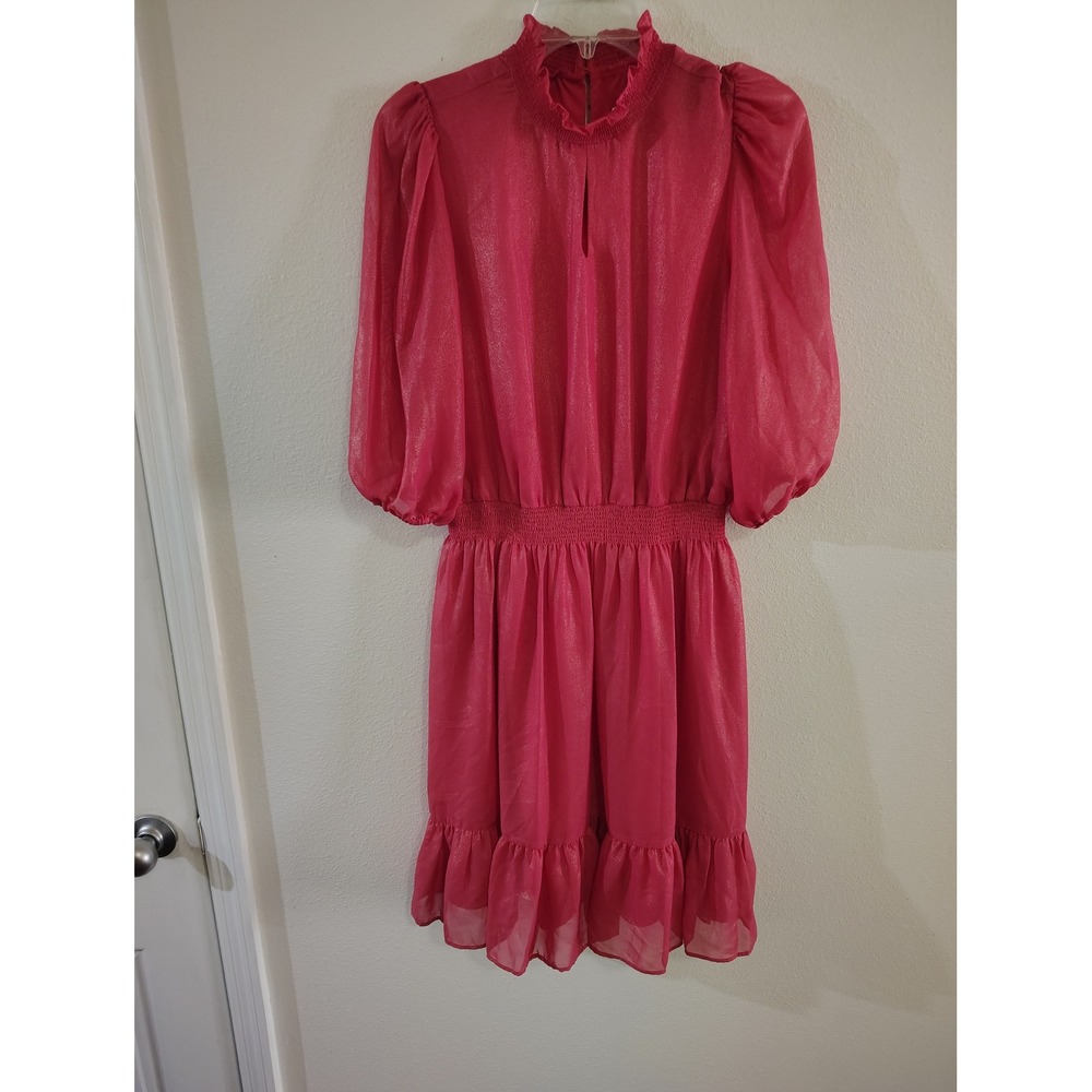 Nanette Lepore Pink Metallic Shimmer Smockedβ Mini Dress Womens 6 Puff Sleeve